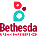 Bethesda Urban Partnership logo, white background with red text