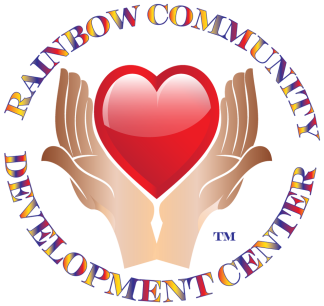 Logo showing two hands holding a heart. Around the outside of the image are the words Rainbow Community Development Center, written in rainbow colors.