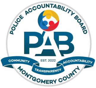 Logo of the Police Accountability Board (PAB) of Montgomery County, Maryland. It includes text saying "Est. 2022" and the words "community", "transparency", and "accountability".