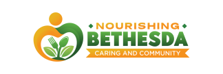 Logo of Nourishing Bethesda. It includes the organization's name, the words "caring and community", and a drawing of a plant. The plant has four leaves, of which two look like normal leaves, one looks like a fork, and one looks like a spoon.