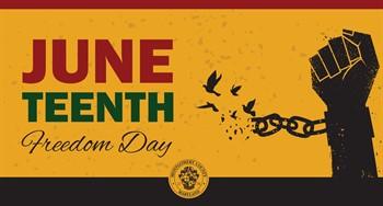 Juneteenth graphic depicting a person's arm in a manacle that leads to a broken chain. The broken links of the chain resemble birds flying away. Next to the picture is the word "Juneteenth" in bold print, below which are the words "Freedom Day" in cursive writing.