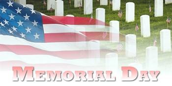 Photo of a cemetery, with an American flag superimposed. Below are the words "Memorial Day".