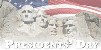 Graphic showing four presidents' heads carved into Mount Rushmore. Behind them is a giant US flag, and below them are the words Presidents' Day