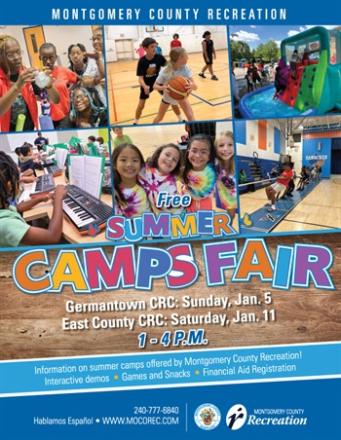 Flyer for the Free Summer Camps Fair, with two dates and locations: Germantown CRC on Sunday, January 5; and East County CRC on Saturday, January 11. Both are 1-4pm.