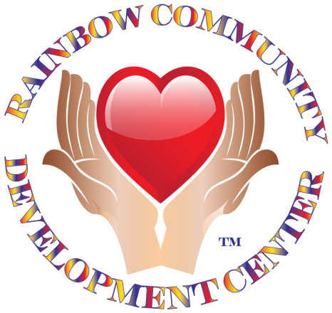 Logo showing two hands holding a heart. Around the outside of the image are the words Rainbow Community Development Center, written in rainbow colors.