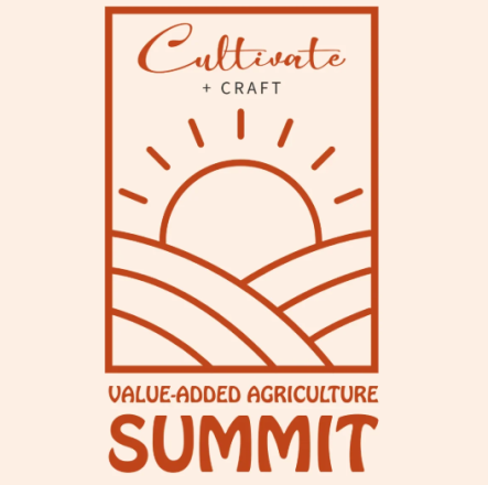 Logo of the Cultivate + Craft Value-Added Agriculture Summit, showing the sun behind two hills