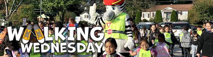 Photo of Zeal the Safety Zebra (a human wearing a zebra mascot costume) walking with a crowd of children