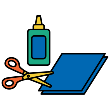 Drawing of scissors, cardboard, and a bottle of glue