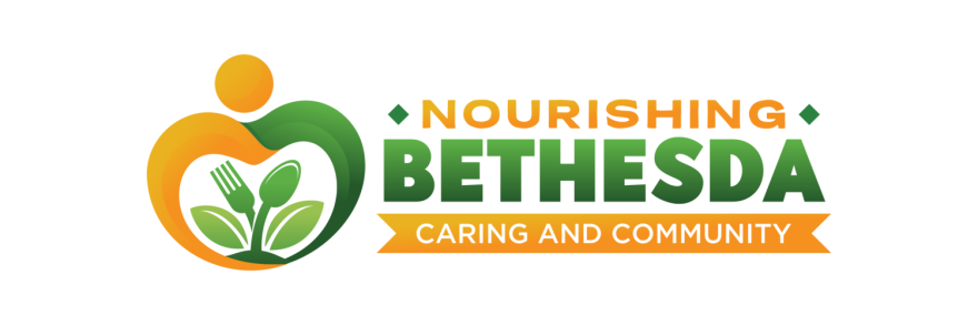 Logo of Nourishing Bethesda. It includes the organization's name, the words "caring and community", and a drawing of a plant. The plant has four leaves, of which two look like normal leaves, one looks like a fork, and one looks like a spoon.