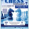 Flyer for the chess tournament. The text includes the activity number R03003-205, the cost of $5 per participant, the date and time of Saturday, January 18, 10am-2pm, and the information that registration can be achieved by visiting ActiveMontgomery.org. The picture shows two chess pieces that are shaped like the heads of horses, facing off against each other.