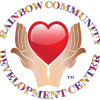 Logo showing two hands holding a heart. Around the outside of the image are the words Rainbow Community Development Center, written in rainbow colors.