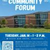 Flyer for the Damascus Senior Center Free Community Forum for people aged 55+. The text includes the activity number R07101-214, the location 25520 Oak Drive, Damascus, and the date and time Tuesday, January 14, 1-2 P.M.