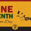 Juneteenth graphic depicting a person's arm in a manacle that leads to a broken chain. The broken links of the chain resemble birds flying away. Next to the picture is the word "Juneteenth" in bold print, below which are the words "Freedom Day" in cursive writing.