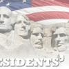 Graphic showing four presidents' heads carved into Mount Rushmore. Behind them is a giant US flag, and below them are the words Presidents' Day