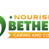 Logo of Nourishing Bethesda. It includes the organization's name, the words "caring and community", and a drawing of a plant. The plant has four leaves, of which two look like normal leaves, one looks like a fork, and one looks like a spoon.